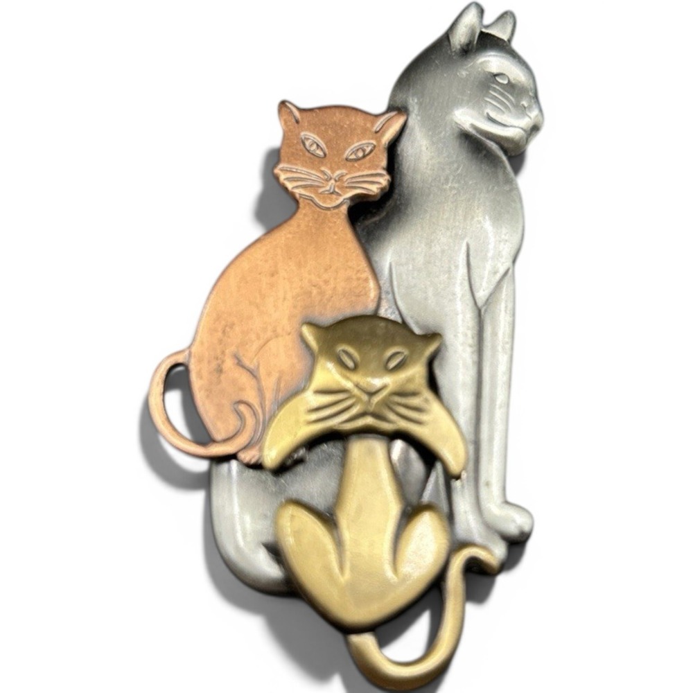 Vintage Three Cats Silver Gold Copper Tone Brooch Pin